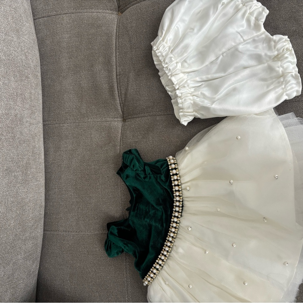 Elegant Green and White Baby Dress with Pearl Details